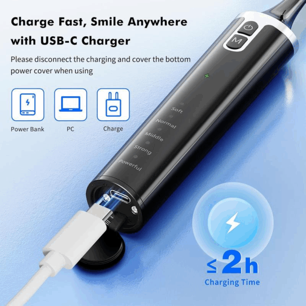 Electric Tooth Polisher,Denture Care, Denture Cleansers, Rechargeable Teeth Cleaning Kit with 6 Cleaning Heads, 5 Speed Modes, LED Ligght, USB-C Charger, IPX6 Waterproof, Easy to Use, for Daily Teeth Cleaning at Home – Image 2