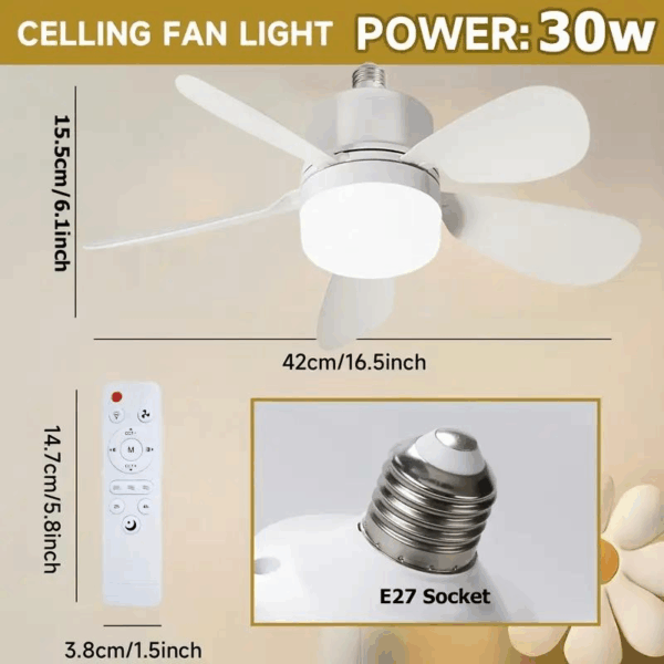 Socket Ceiling Fan Light with Remote Control, E27 Base Dimmable LED Energy Saving Lamp, 3 Levels Dimming, Suitable for Bedroom, Living Room, Kitchen – Image 3