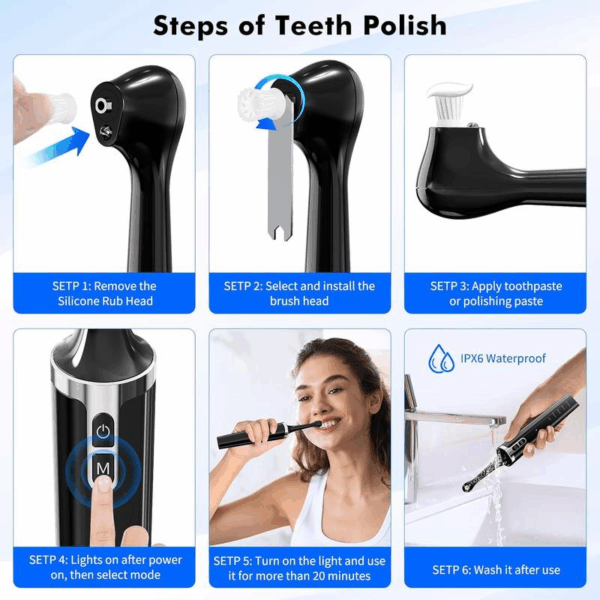 Electric Tooth Polisher,Denture Care, Denture Cleansers, Rechargeable Teeth Cleaning Kit with 6 Cleaning Heads, 5 Speed Modes, LED Ligght, USB-C Charger, IPX6 Waterproof, Easy to Use, for Daily Teeth Cleaning at Home – Image 4