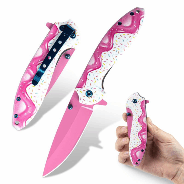 1 Pc 7.5 Inch Pink Decorative Pocket Knife, Camping Tool Folding Knife for Skinning, Fishing, Camping, Hiking – Image 5