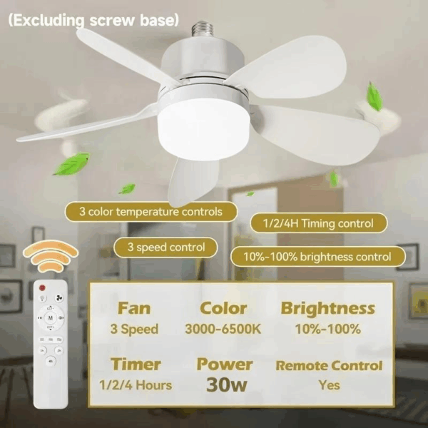 Socket Ceiling Fan Light with Remote Control, E27 Base Dimmable LED Energy Saving Lamp, 3 Levels Dimming, Suitable for Bedroom, Living Room, Kitchen – Image 7