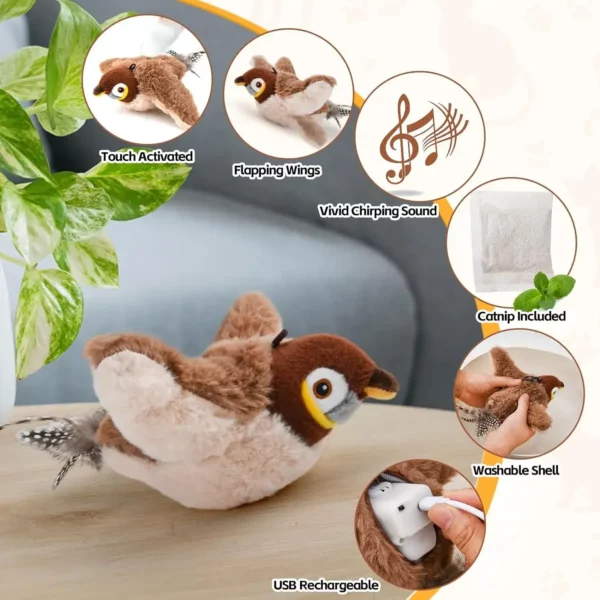 Jouets interactifs pour chat, oiseau volant Rechargeable, jouet pour chat, oiseaux battants (pas de vol), peut ajouter un jouet en peluche activé par toucher d'herbe à chat – Image 6