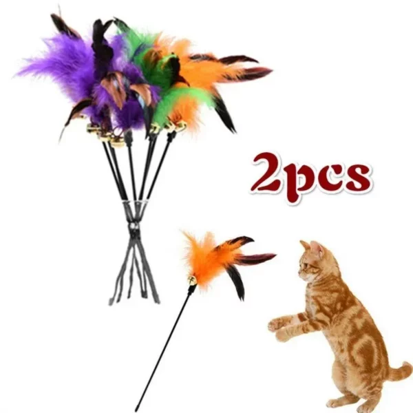 Jouet pour chat, cloche en plumes, tige amusante, jouets interactifs, accessoires pour chat, fournitures pour animaux de compagnie, 2 pièces – Image 2