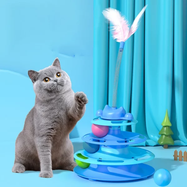 Tour de jouet interactive pour chat, plateau tournant pour chaton, balles à roulettes, jouets avec plumes, fournitures d'entraînement pour animaux de compagnie, jouet pour tour de chat – Image 2